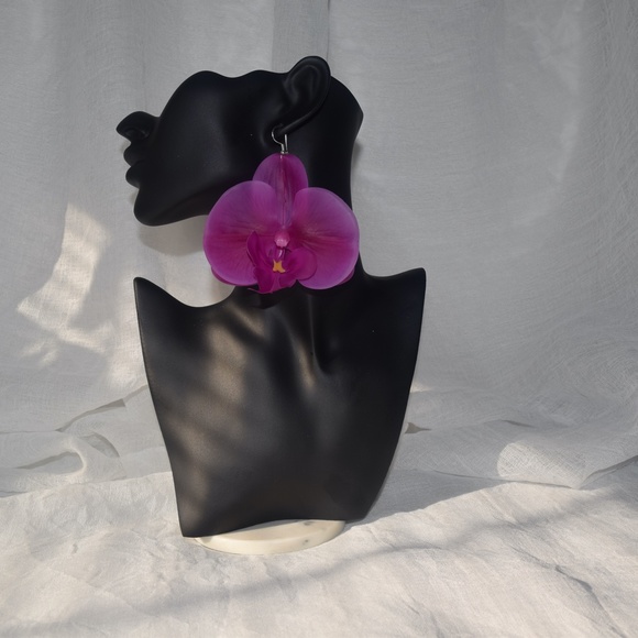 Fuchsia Phalaenopsis Orchid True Touch Artificial Earrings. - Picture 4 of 11